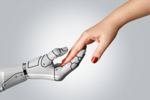 Robot and human hand helping each other