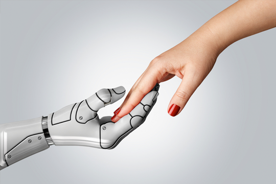 Robot and human hand helping each other