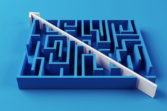 3D Image of maze cut across by an arrow